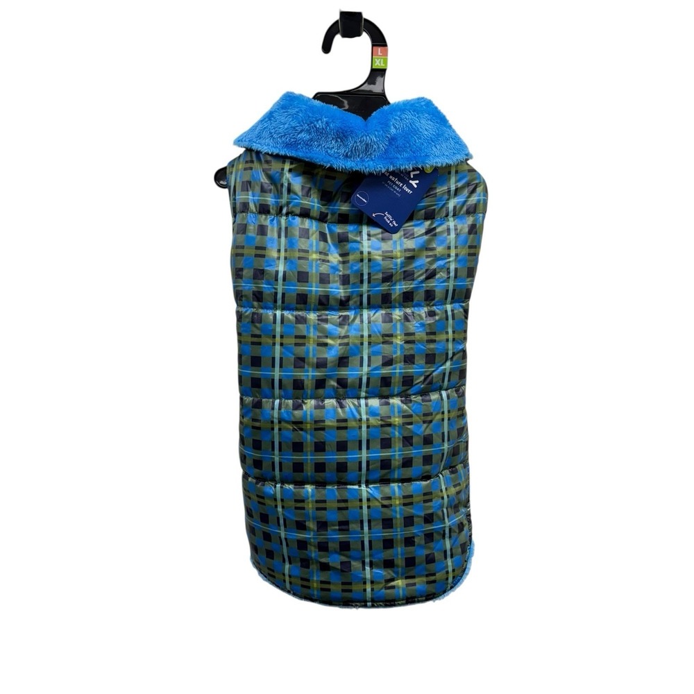 YOULY Size S/M (13"- 18") Blue/Green Plaid Reversible Cozy Puffer Dog Jacket NWT